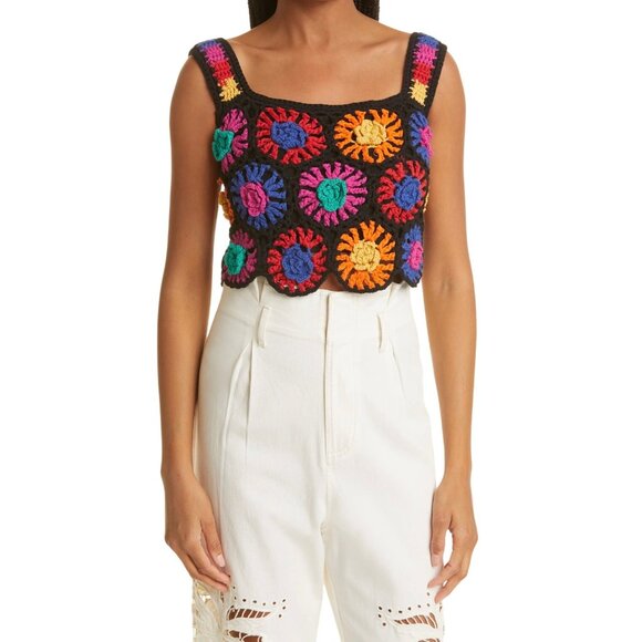 Farm Rio Crochet Flowers Top in Black with Colorful Floral Pattern Size Medium - Picture 2 of 5